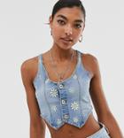 One Above Another Suit Vest With Daisy Embroidery In Denim - Blue