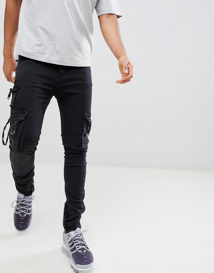 Profound Aesthetic D-ring Skinny Fit Cargo Jeans In Black - Black