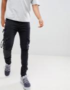 Profound Aesthetic D-ring Skinny Fit Cargo Jeans In Black - Black