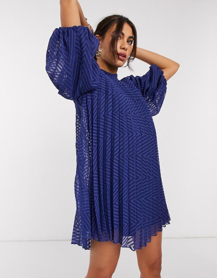 Asos Design Pleated Trapeze Mini Dress With Puff Sleeves In Dobby In Navy
