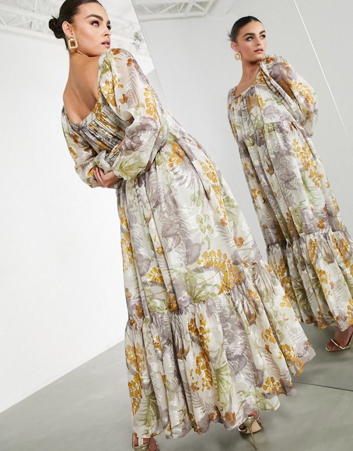 Asos Edition Oversized Maxi Dress In Floral Satin Burnout With Square Neck-multi