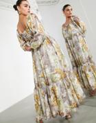 Asos Edition Oversized Maxi Dress In Floral Satin Burnout With Square Neck-multi