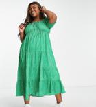Yours Square Neck Tiered Midi Dress In Green Polka Dot