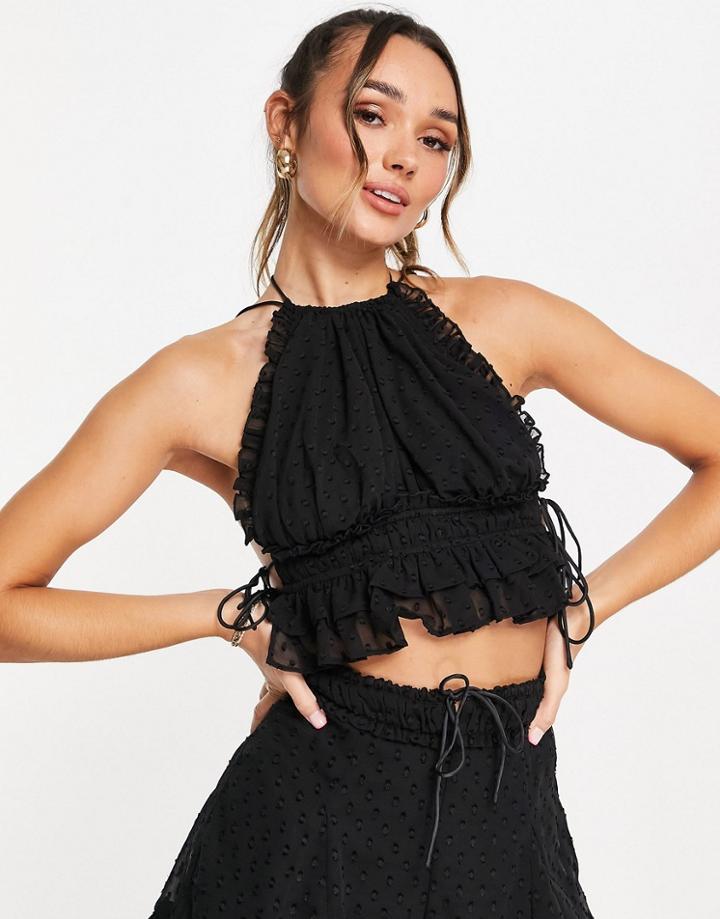 Asos Design Ruffle Halter Crop Top With Tie Sides In Black - Part Of A Set
