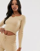 Asos Design Rib Knit Two-piece Top With Notch Neck Detail - Stone