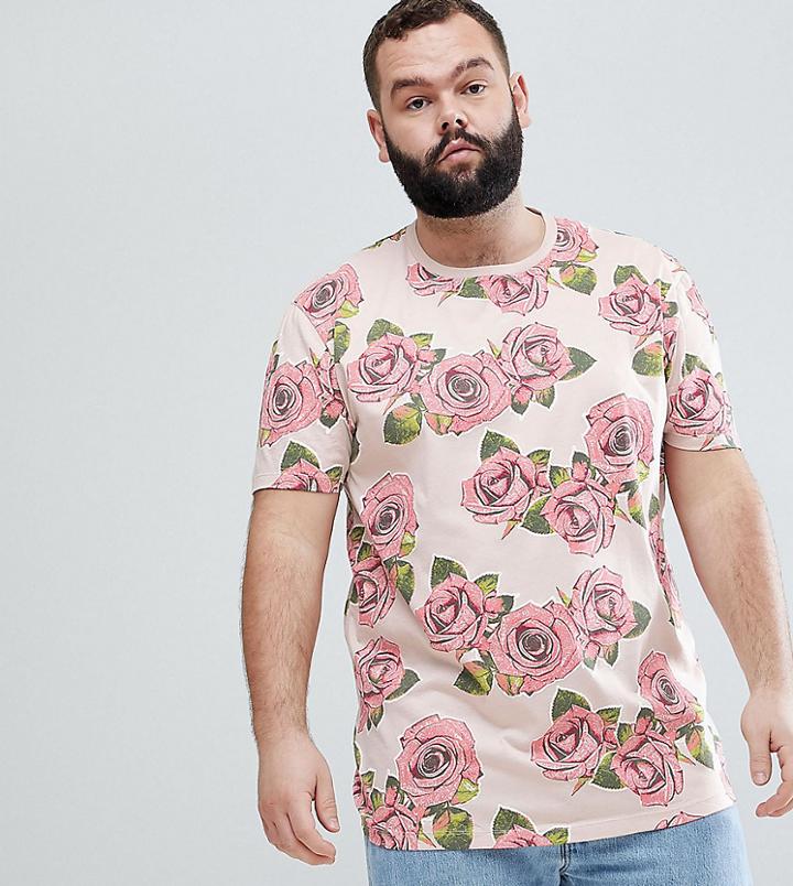 Asos Design Plus Longline T-shirt With Rose Print - Pink