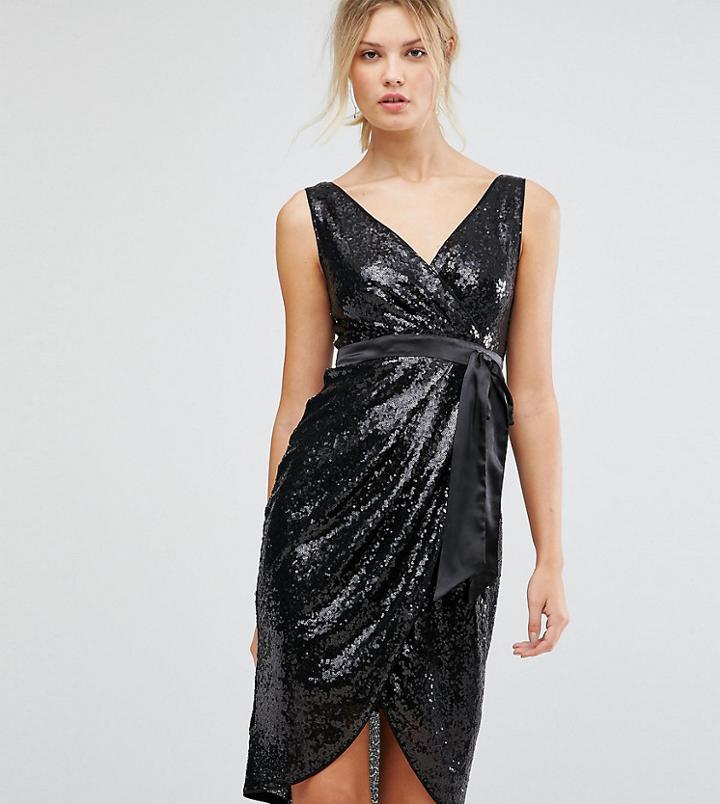Tfnc Tall Wrap Front Sequin Midi Dress With Satin Waist Band-black