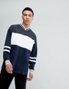 Asos Oversized Longline V Neck Sweatshirt With Color Blocking - Navy