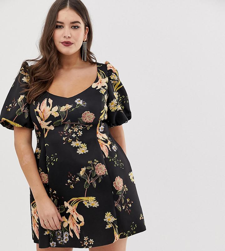 Asos Design Curve Balloon Sleeve Mini Dress In Floral Print - Multi