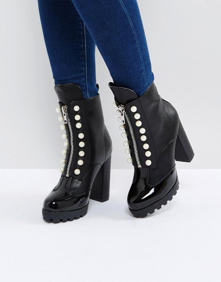 Prettylittlething Pearl Detailed Zip Boots - Black