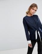 Warehouse Contrast Tie Cotton Top - Navy