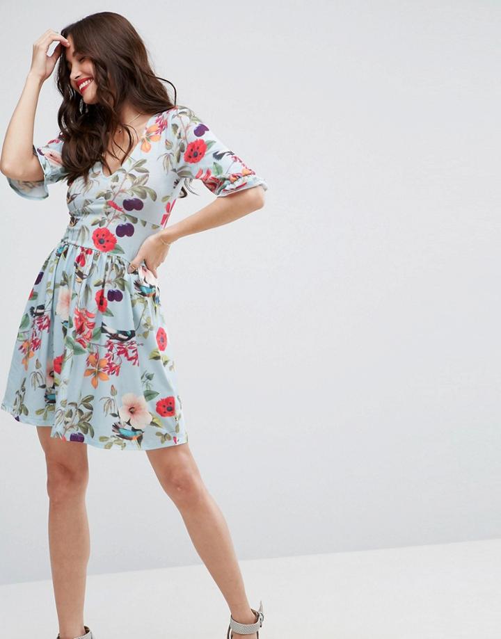Asos Mini Tea Dress With Frill Sleeve In Floral Print - Multi