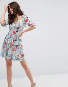 Asos Mini Tea Dress With Frill Sleeve In Floral Print - Multi
