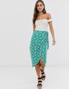Asos Design Wrap Midi Skirt With Tie Side In Green Floral - Multi