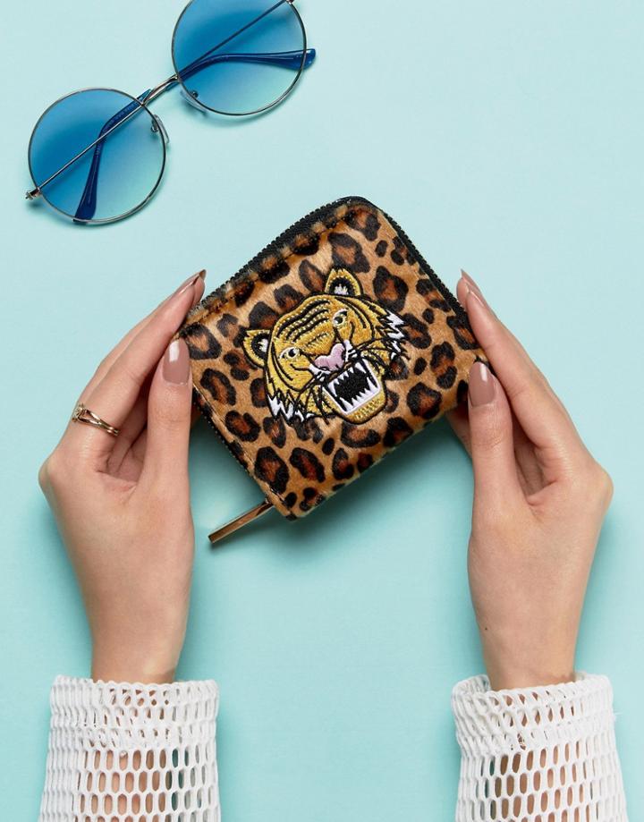 Skinnydip Leopard Print Zip Around Purse With Tiger Applique - Multi
