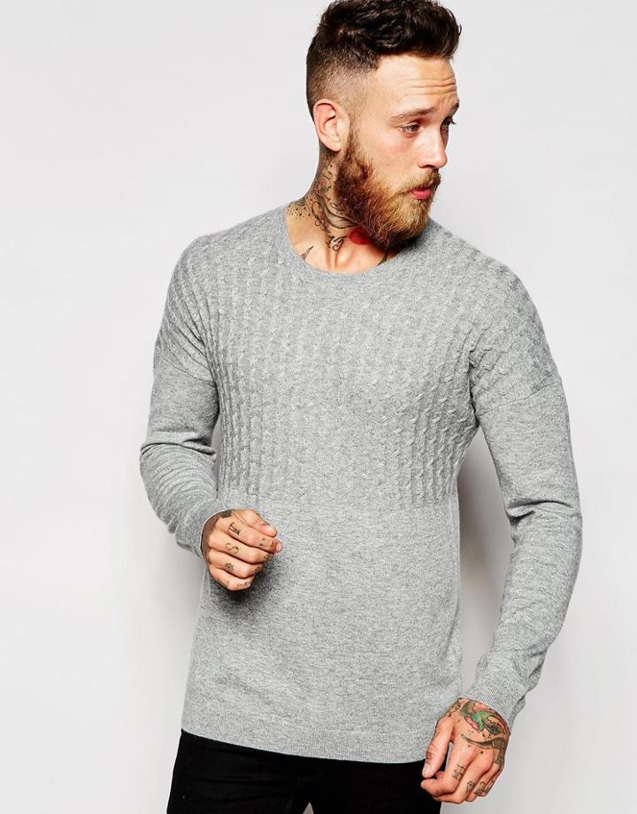 Asos Dropped Shoulder Cable Jumper In Merino Wool Mix - Light Gray