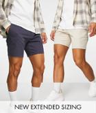 Asos Design 2 Pack Slim Chino Shorts In Washed Navy And Beige Save-multi
