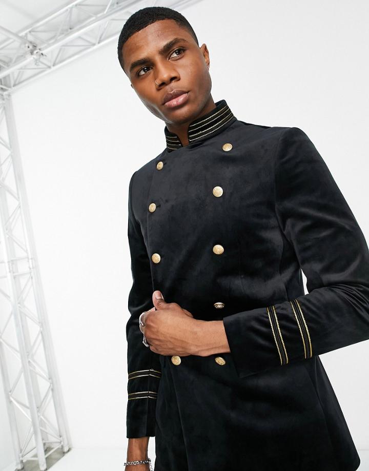 Devils Advocate Military Funnel Neck Double Breasted Velvet Skinny Fit Blazer-black