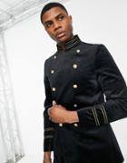 Devils Advocate Military Funnel Neck Double Breasted Velvet Skinny Fit Blazer-black