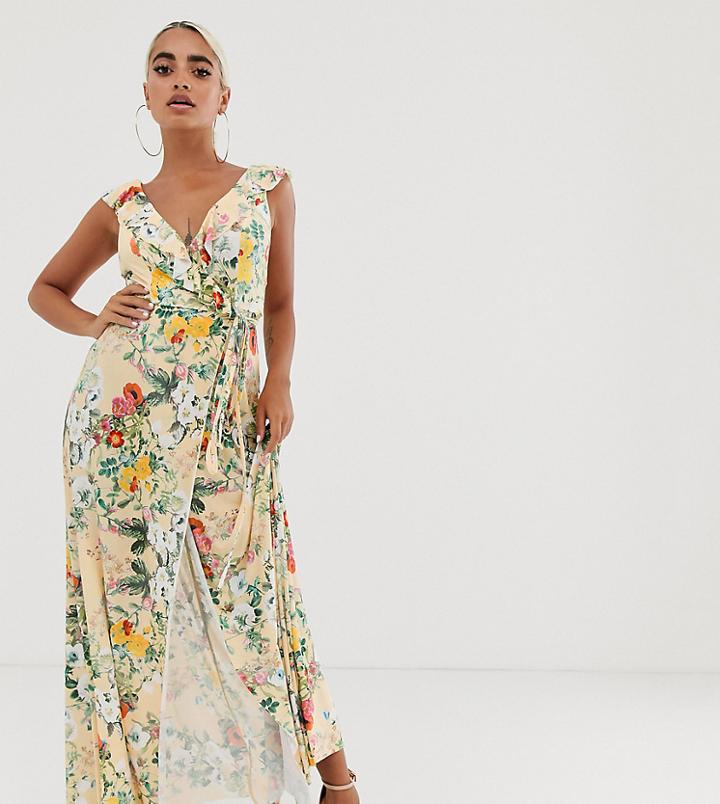 Asos Design Petite Ruffle Wrap Maxi Dress With Tie Detail In Floral Print-multi