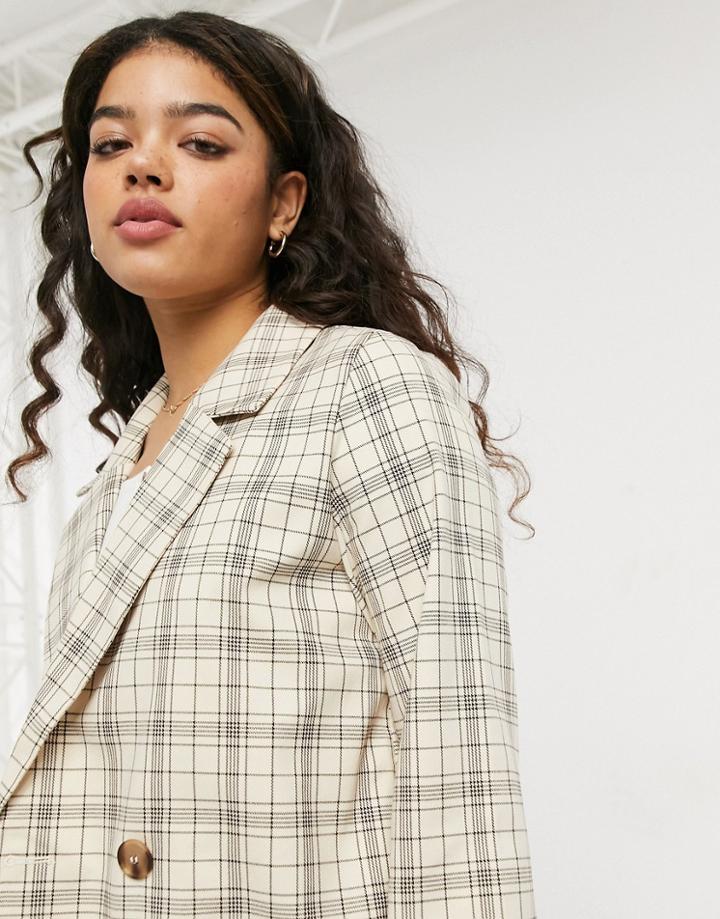 Monki Twiggy Co-ord Plaid Double Breasted Blazer In Beige-neutral