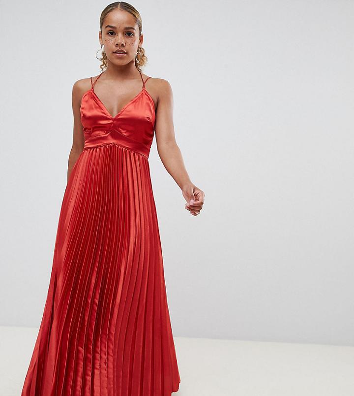 Asos Design Petite Pleated Satin Ruffle Waist Maxi Dress - Red