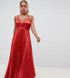 Asos Design Petite Pleated Satin Ruffle Waist Maxi Dress - Red