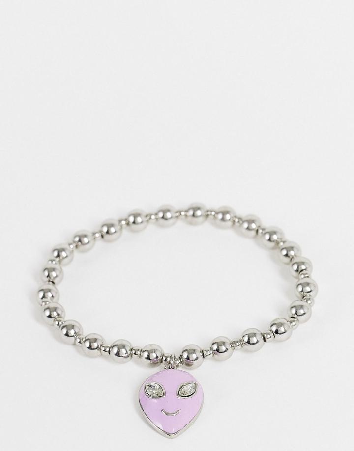 Asos Design Stretch Bracelet With Alien In Silver Tone