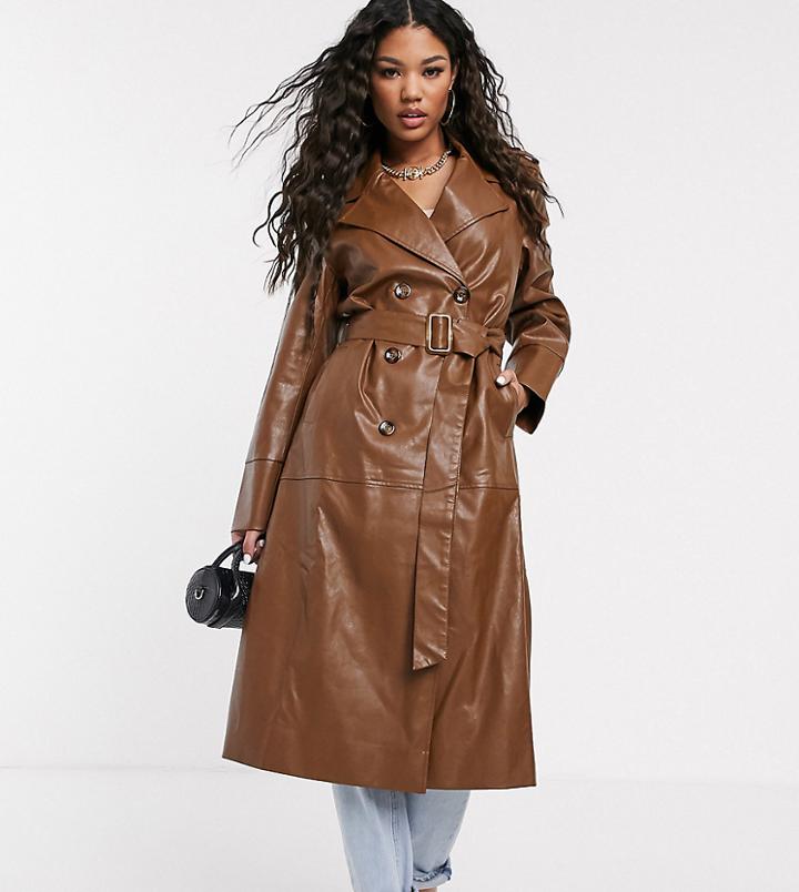Unique21 Faux Leather Belted Maxi Coat-brown
