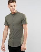 Asos Skinny Shirt In Khaki Jersey With Grandad Collar And Short Sleeves - Green