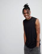 Asos Sleeveless T-shirt With Dropped Armhole With Distressing In Black - Black