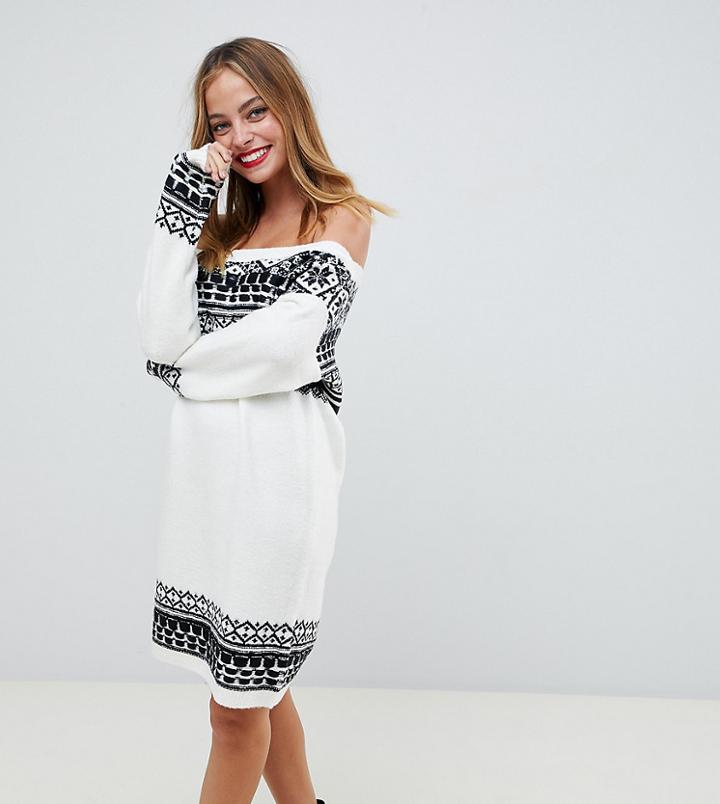 Asos Design Petite Fairisle Sweater Dress In Off Shoulder Shape-multi