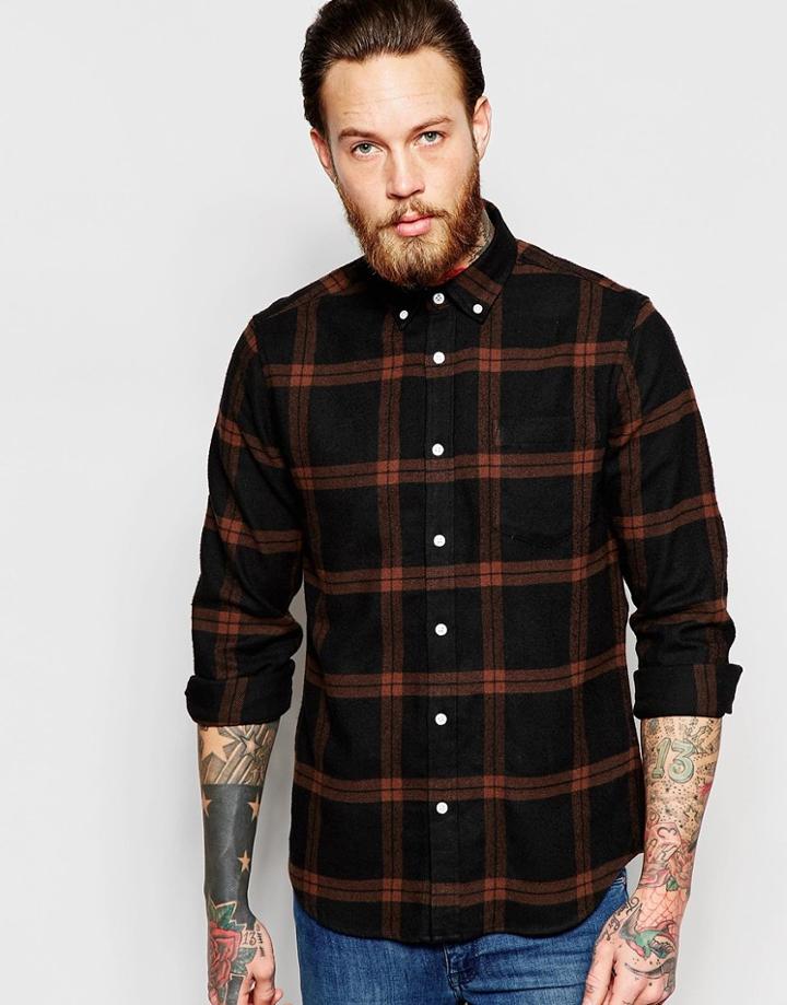 Asos Check Shirt In Brown With Two Pockets In Regular Fit - Brown