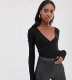 Asos Design Tall Wrap Long Sleeve Top In Black