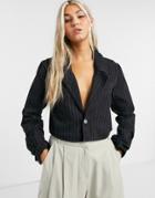 Weekday Verdin Organic Cotton Pinstripe Cropped Boxy Denim Jacket In Black