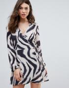 Liquorish Zebra Print Long Sleeve Wrap Dress - Gray