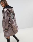 Native Rose Oversized Parka Jacket In Metallic Foil With Beaded Back Patch - Gray