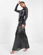 Goddiva Embroidered Long Sleeved High Neck Maxi Dress In Black