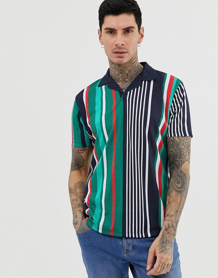 Asos Design Relaxed Revere Polo In Vertical Stripe - Green