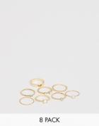 Asos Design Curve Pack Of 8 Rings With Pearl And Faux Opal Stone Design In Gold - Gold
