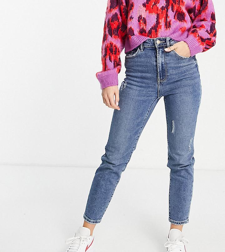 Stradivarius Petite Slim Mom Jean With Stretch In Medium Blue