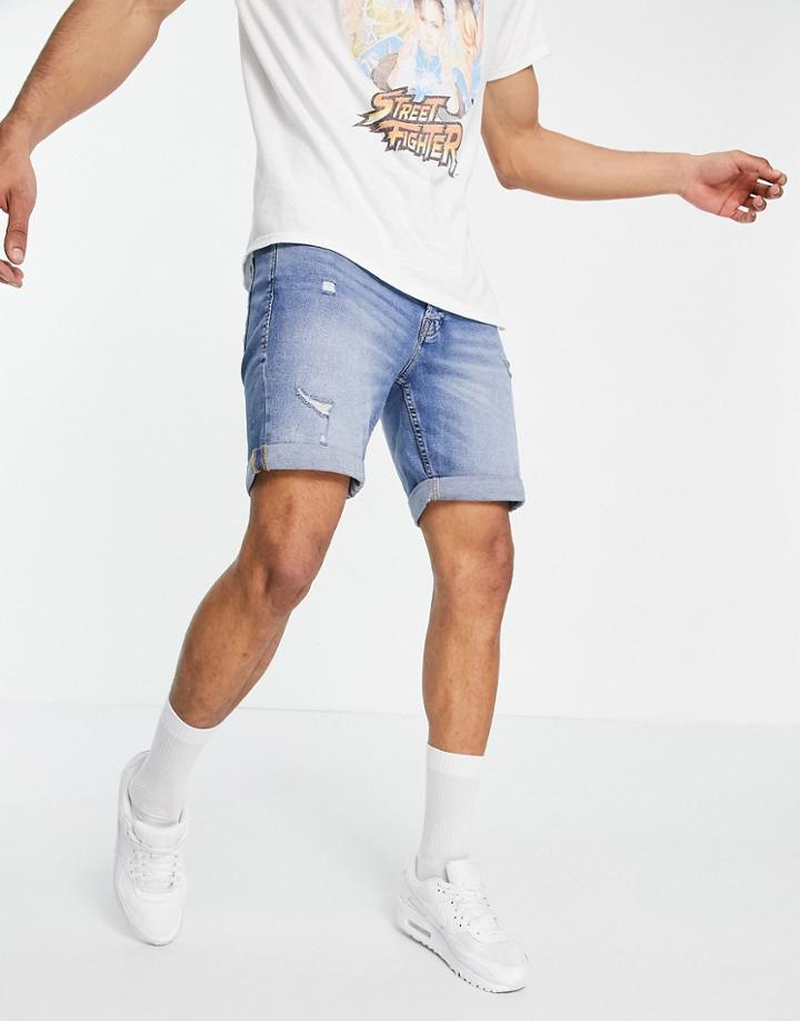 Jack & Jones Intelligence Denim Shorts With Rips In Light Blue-blues