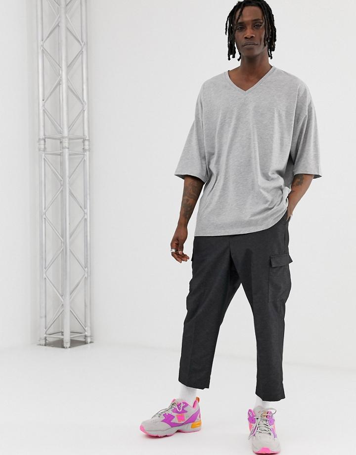 Asos Design Oversized T-shirt With V Neck And Seam Detail In Gray Marl - Gray