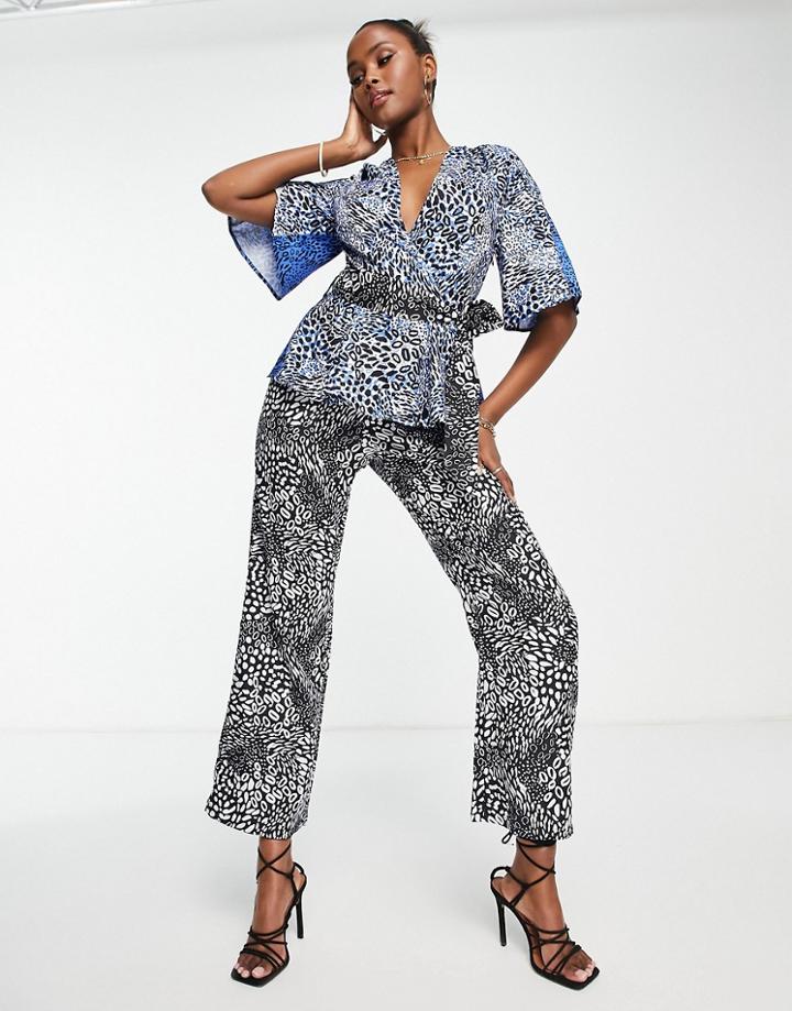 Liquorish Animal Print Jumpsuit With Waist Tie In Blue