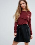 First & I Long Sleeve Top With Frill Detail - Brown