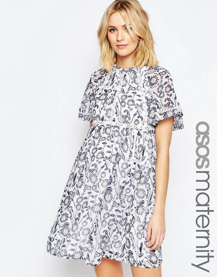 Asos Maternity China Print And Ladder Trim Dress - Multi