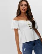 Asos Design Sweetheart Top In Scuba With Puff Sleeve And Gold Buttons-white