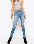 Asos Ridley Jeans In Mia Mid Wash With Busted Knees - Mia Blue