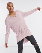 Asos Design Oversized Viscose Long Sleeve T-shirt With Drop Hem In Dusty Pink