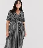 Asos Design Curve Mono Stripe Belted Plisse Wrap Dress - Multi